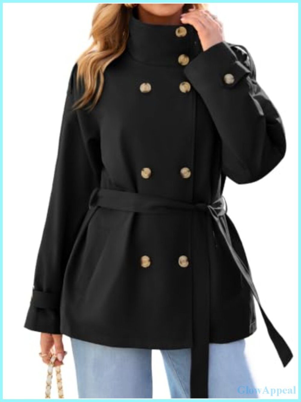 Women's Short Trench Coat Double Breasted Stand Collar Water-Repellent Twill